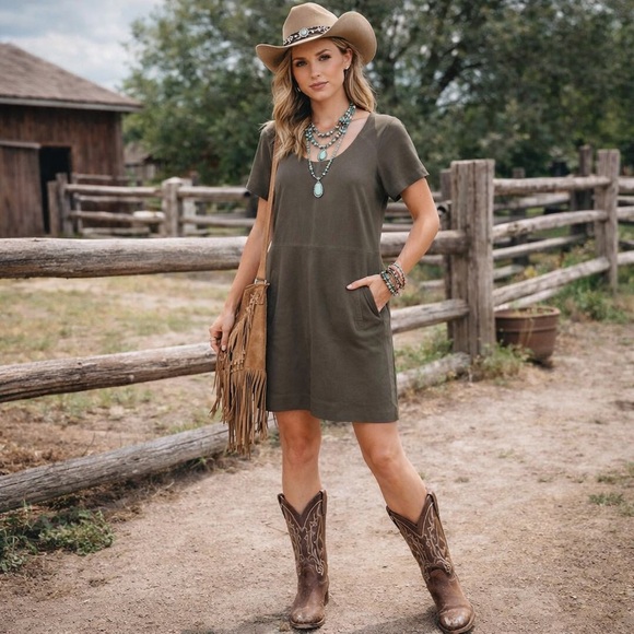 Sen Dresses & Skirts - Sen Olive Green Goat Suede Shift Dress Neutral Size L Boho Cowgirl Luxury